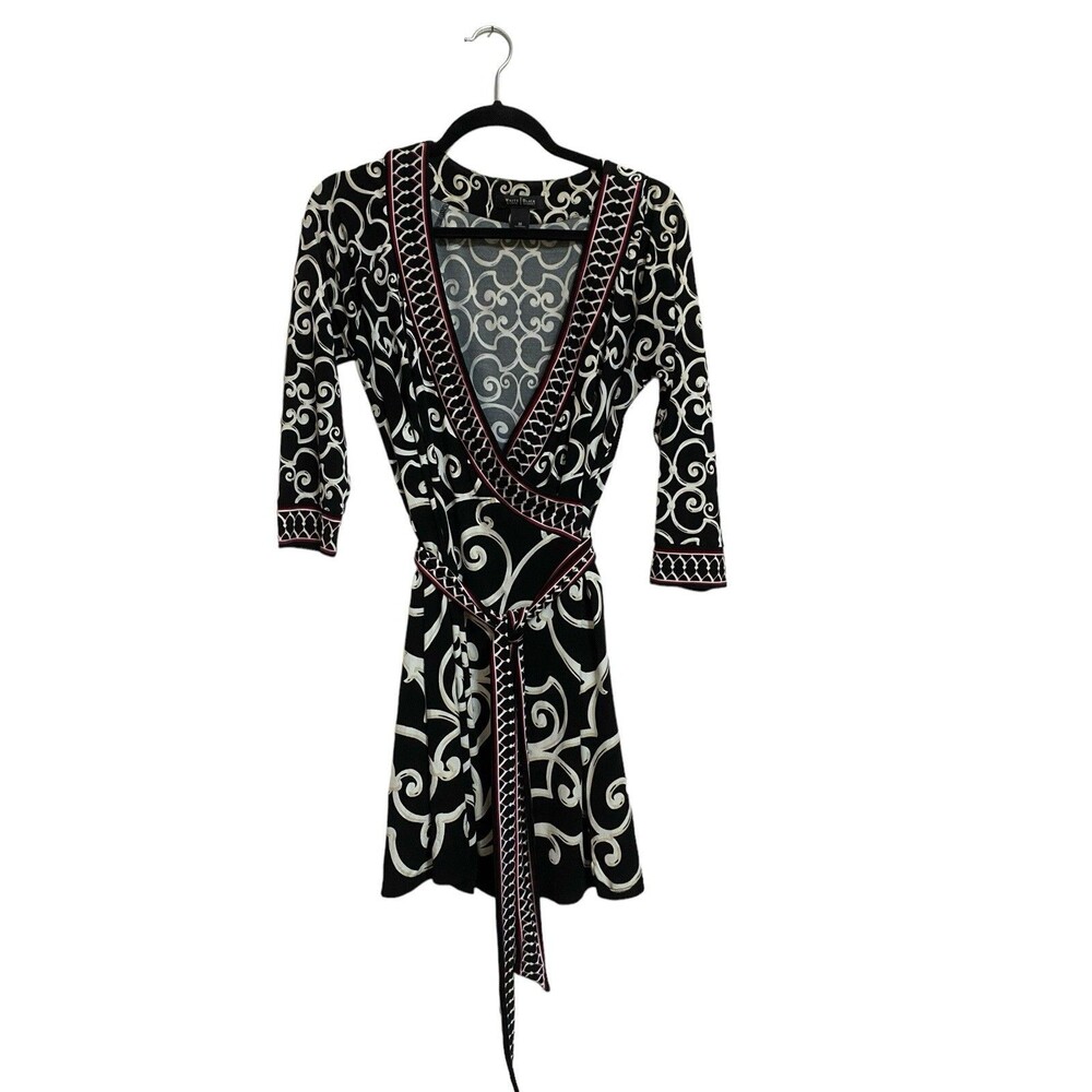 White House Black Market Faux Wrap Dress M Scroll Print Tie Waist